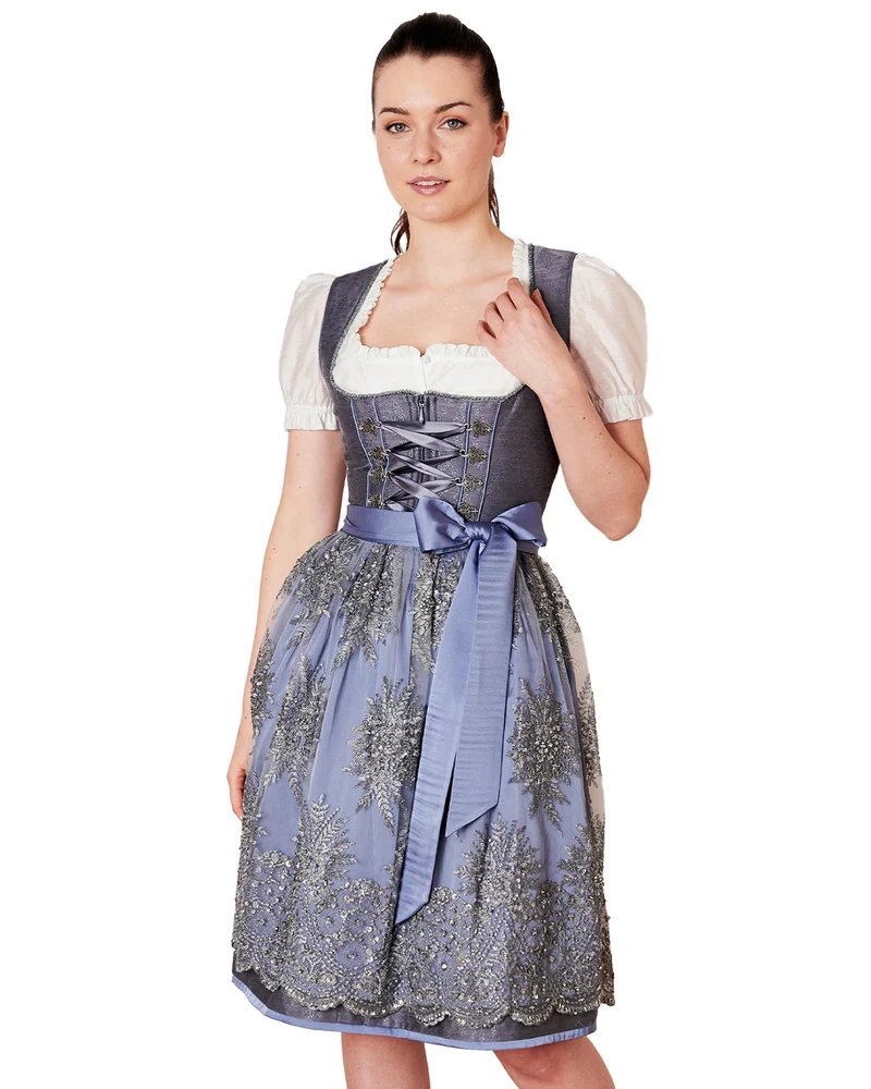 Krüger Collection Dirndl "Alexandra" mit Spitzenschürze | Grau 60cm