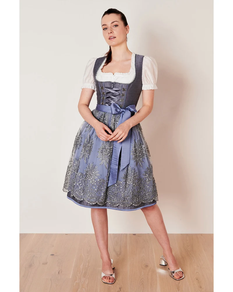 Krüger Collection Dirndl "Alexandra" mit Spitzenschürze | Grau 60cm