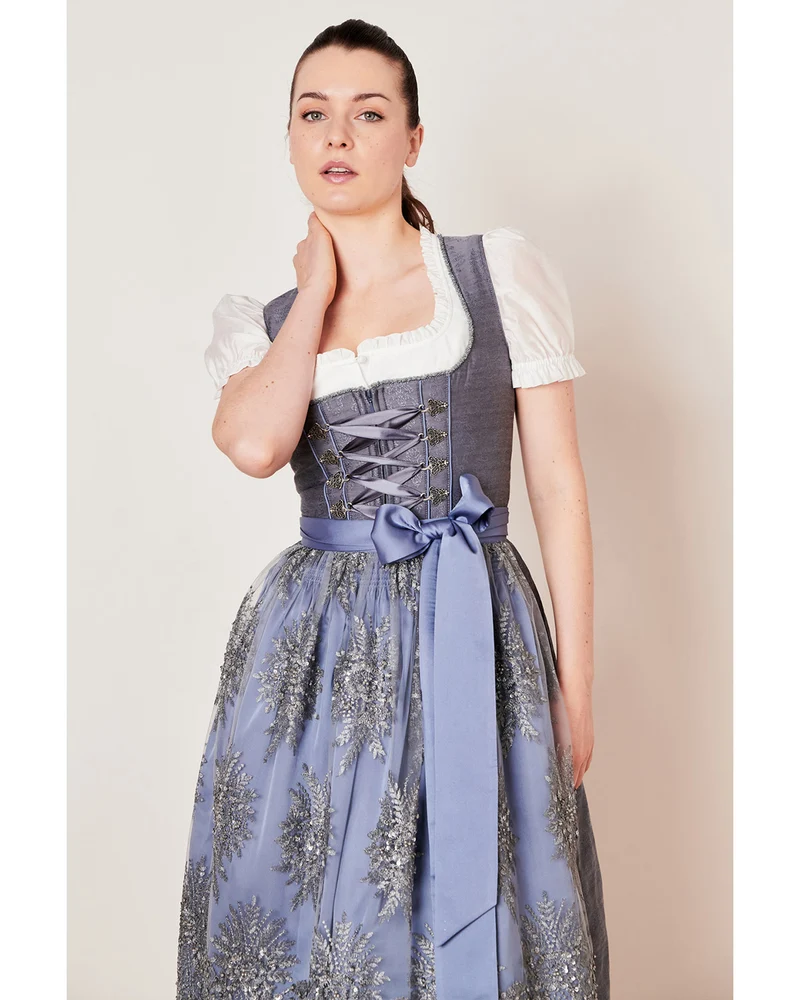 Krüger Collection Dirndl "Alexandra" mit Spitzenschürze | Grau 60cm