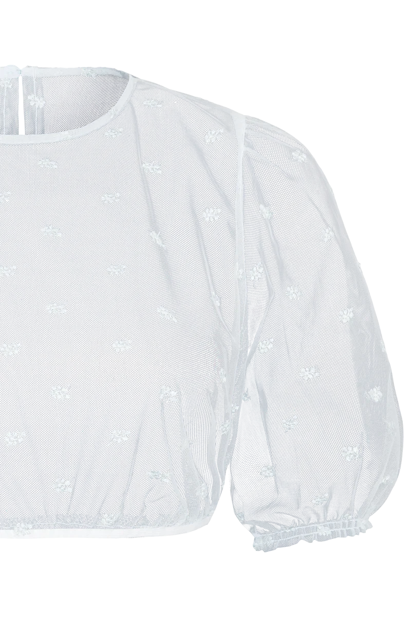 Dirndlbluse aus besticktem Tüll hochgeschlossen - türkis