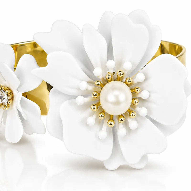 LUISIA® Armreif Armspange "Nelia" mit Blumen - 16 Karat vergoldet | Weiß