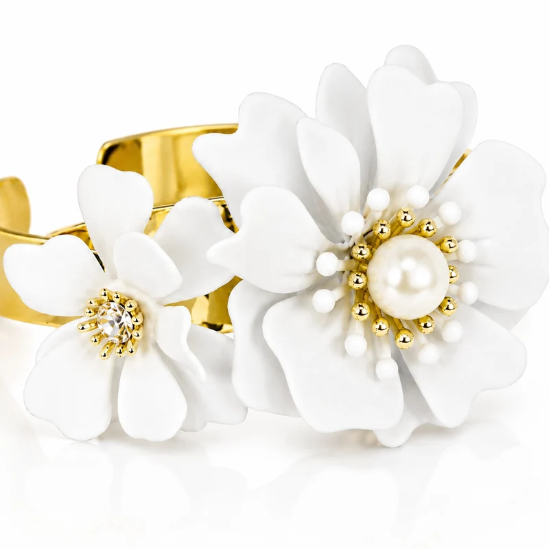 LUISIA® Armreif Armspange "Nelia" mit Blumen - 16 Karat vergoldet | Weiß