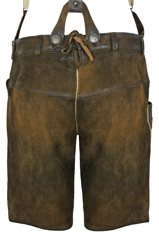 Maddox Kurze Damen Lederhose Gretel mit Hosenträgern - Dunkelbraun Antik Nuss Beige
