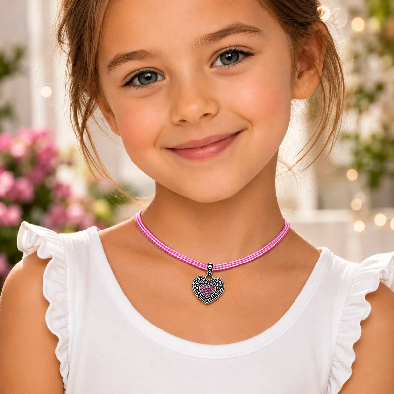 LUISIA® Kinder Halskette "Kariert mit Herz" mit Kristallen von Swarovski® | Pink