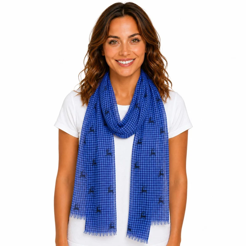 Trachten Halstuch Schal Kariert mit Hirschmotiv 185 x 70 cm | Royalblau