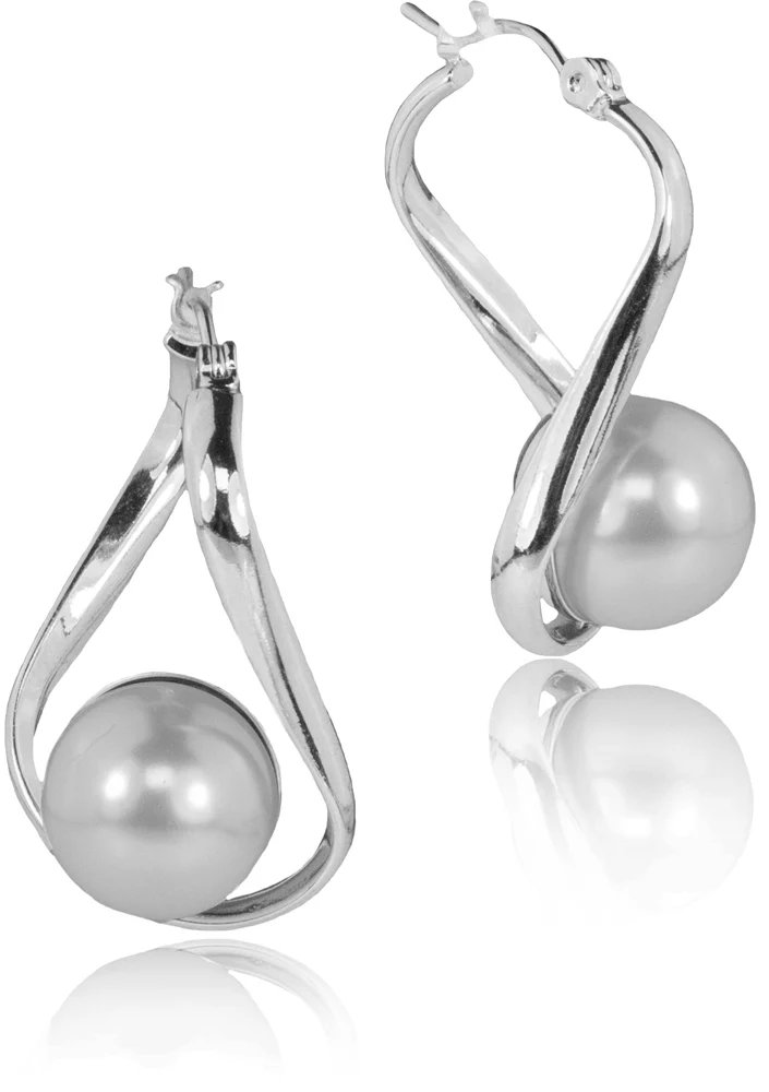 LUISIA® Geschwungene Ohrringe "Liora" mit Premium Perle - Silber / Light Grey Pearl
