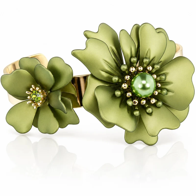 LUISIA® Armreif Armspange "Nelia" mit Blumen - 16 Karat vergoldet | Olivgrün