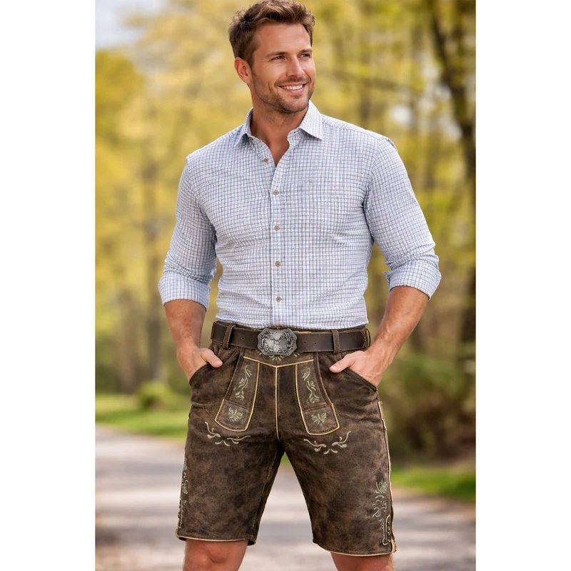 MADDOX Kurze Herren Lederhose "Amberg" mit Gürtel | Nappalan Humus