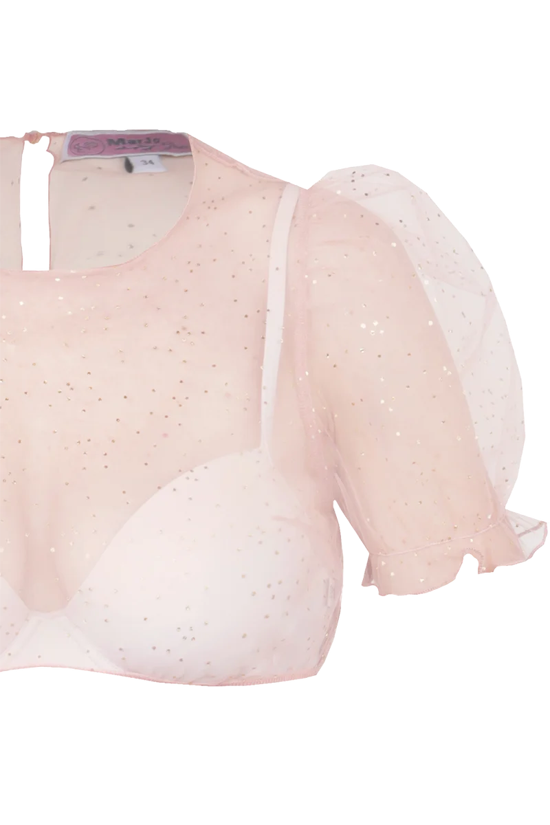 Dirndlbluse transparent mit Puffärmel und Punktedesign - flamingo
