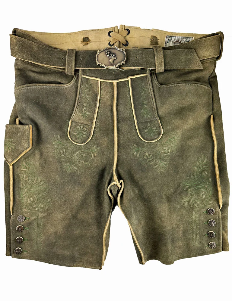 Buchberger Kurze Lederhose "Karl 1" mit Gürtel | Ziegenvelours Braun Grün