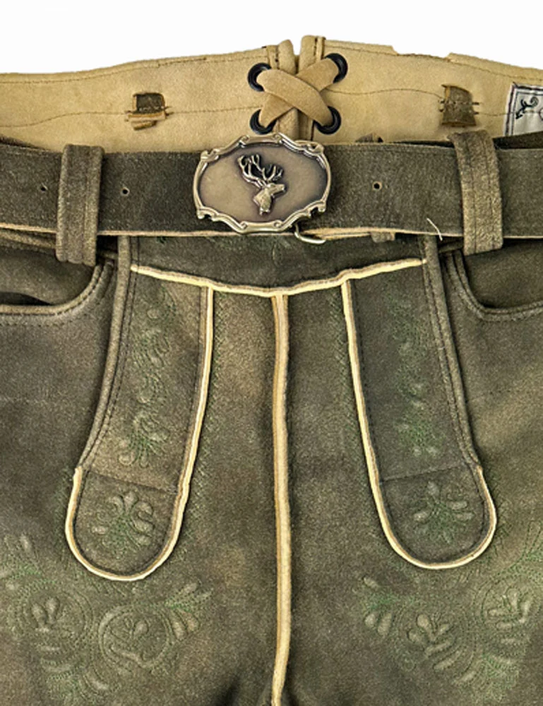 Buchberger Kurze Lederhose "Karl 1" mit Gürtel | Ziegenvelours Braun Grün
