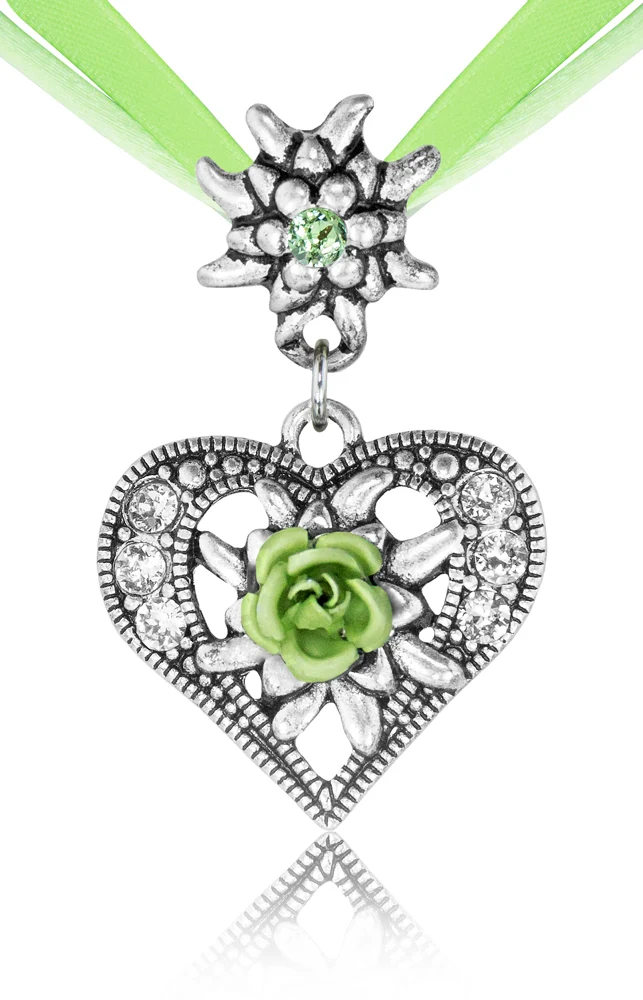 Herz Trachten Halskette mit Rose und Edelweiß | Hellgrün