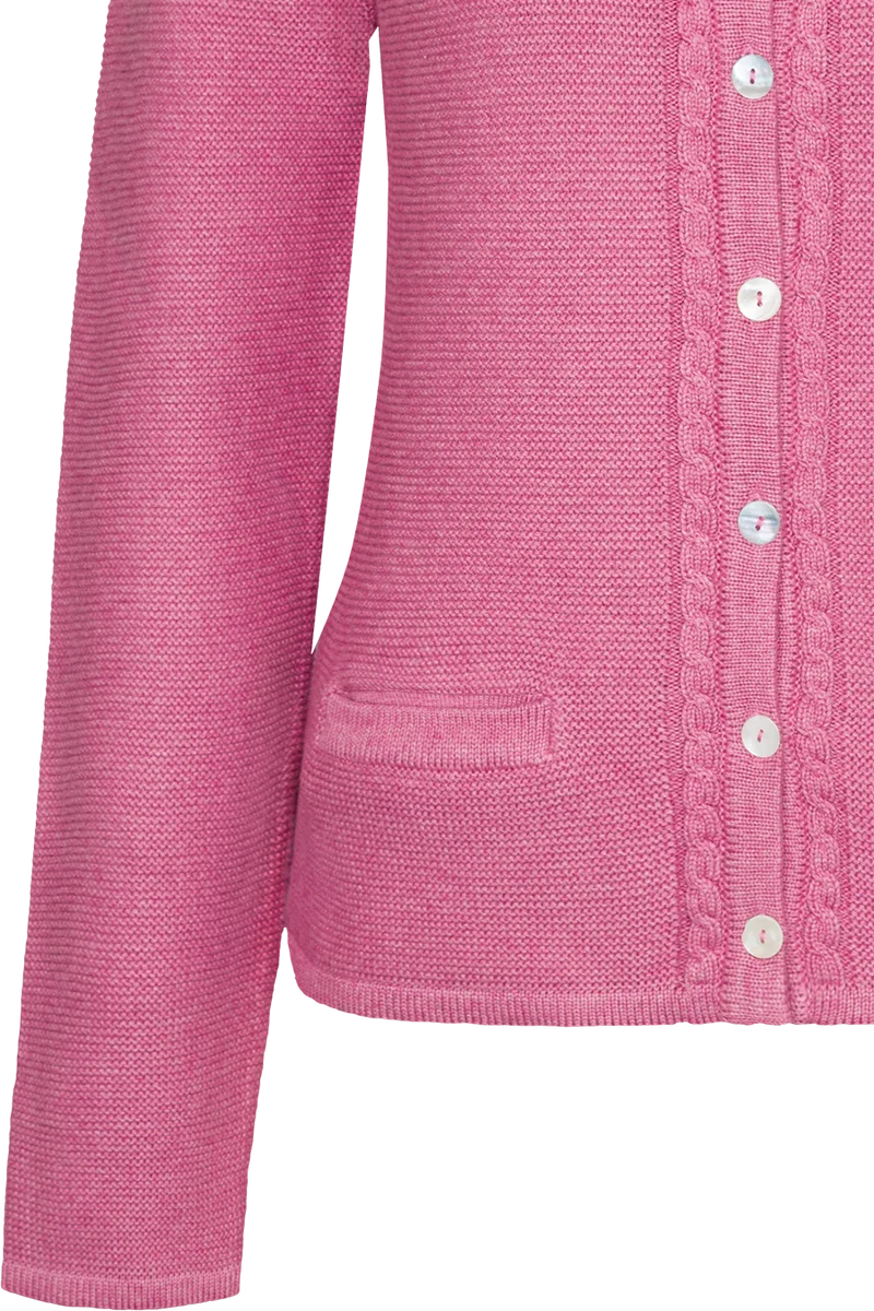 Damen Trachten-Strickjacke mit Zopfstrickmuster und Perlmuttknöpfen - altrosa