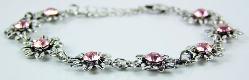 Silbernes Strass Armband mit Blüten - Rosa