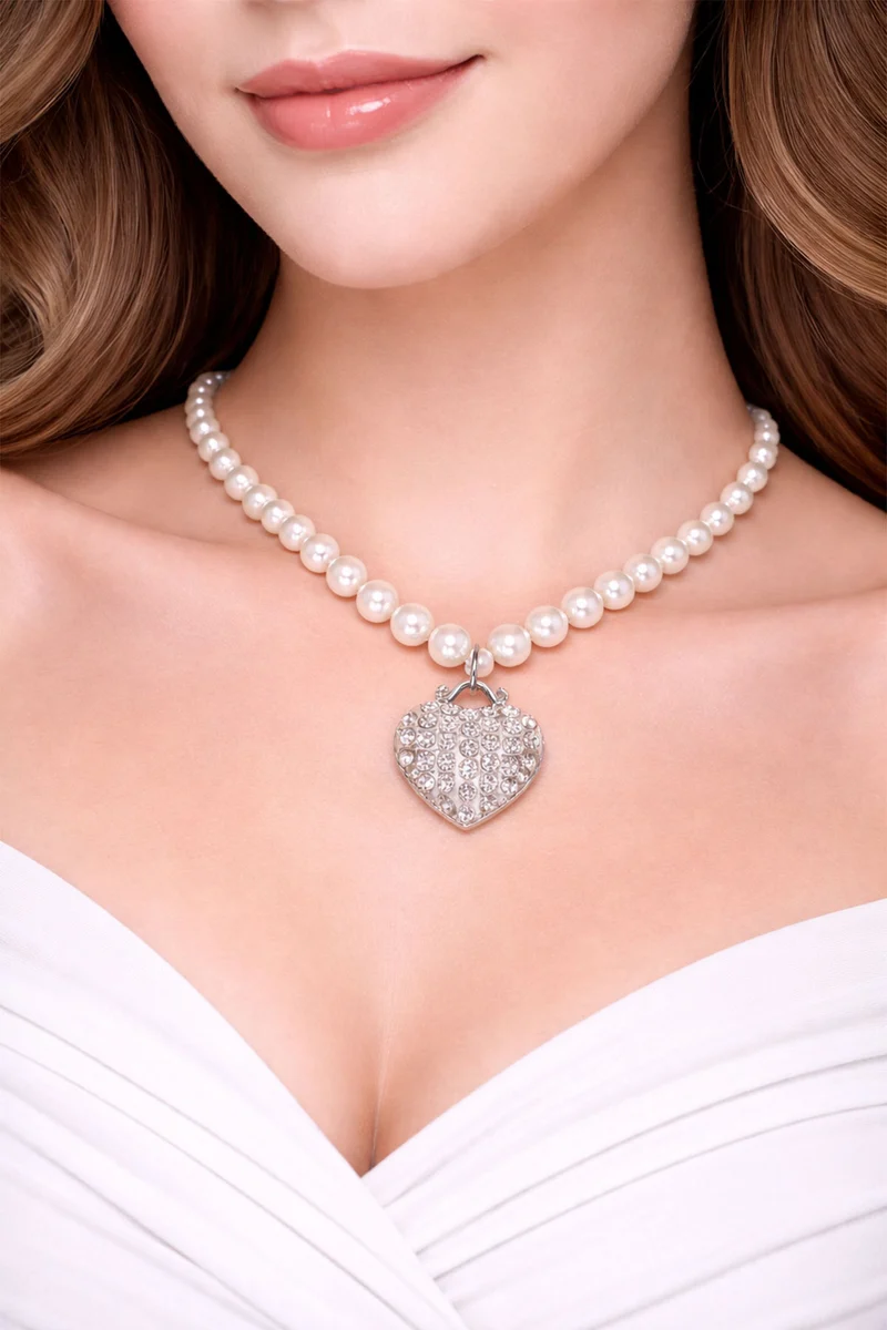 LUISIA® Perlen Kette mit Strass Herz und Premium Kristallen