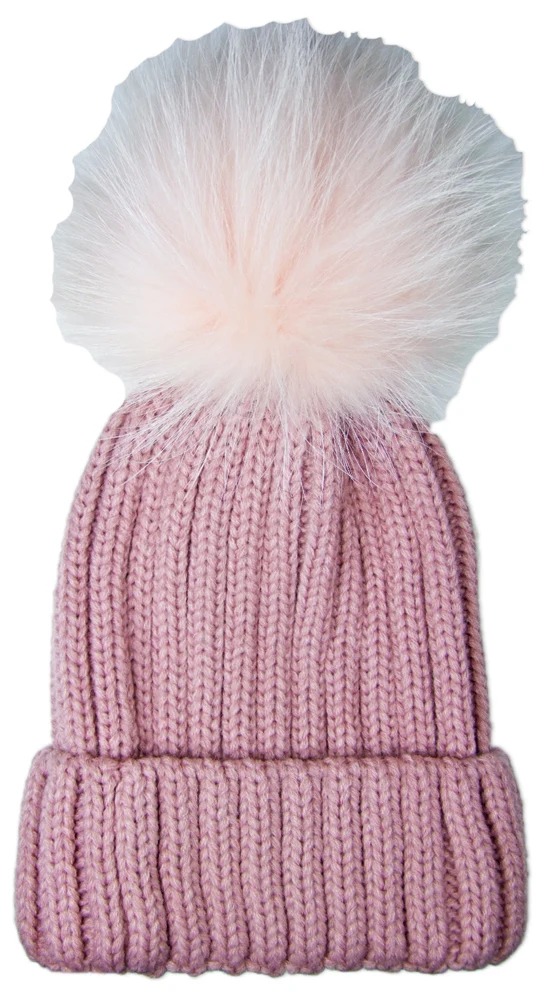 Damen Beanie Strickmütze mit Fellbommel - Rosa
