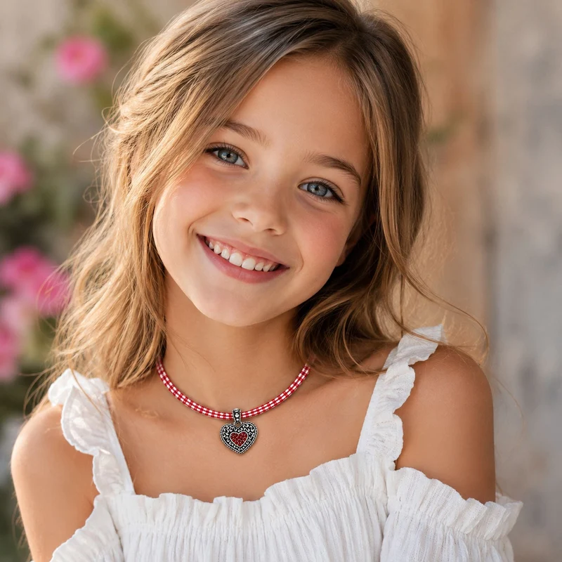 LUISIA® Kinder Halskette "Kariert mit Herz" mit Kristallen von Swarovski® | Dunkelrot