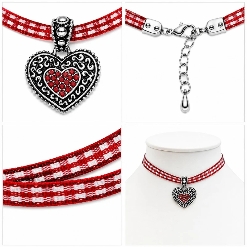 LUISIA® Kinder Halskette "Kariert mit Herz" mit Kristallen von Swarovski® | Dunkelrot