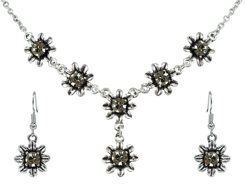 Blumen Collier mit Ohrhängern - Black Diamond