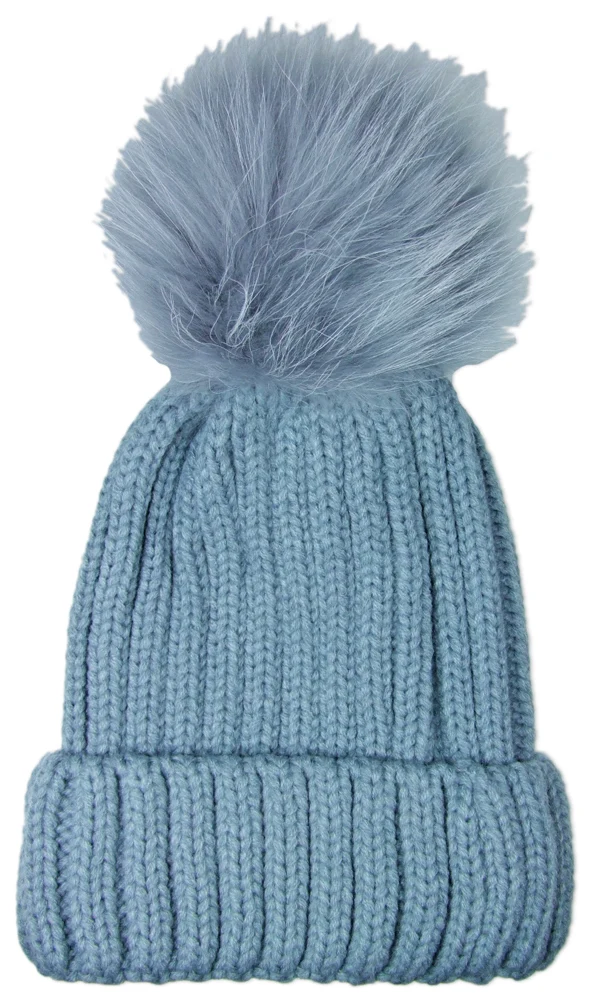 Damen Beanie Strickmütze mit Fellbommel - Hellgrau