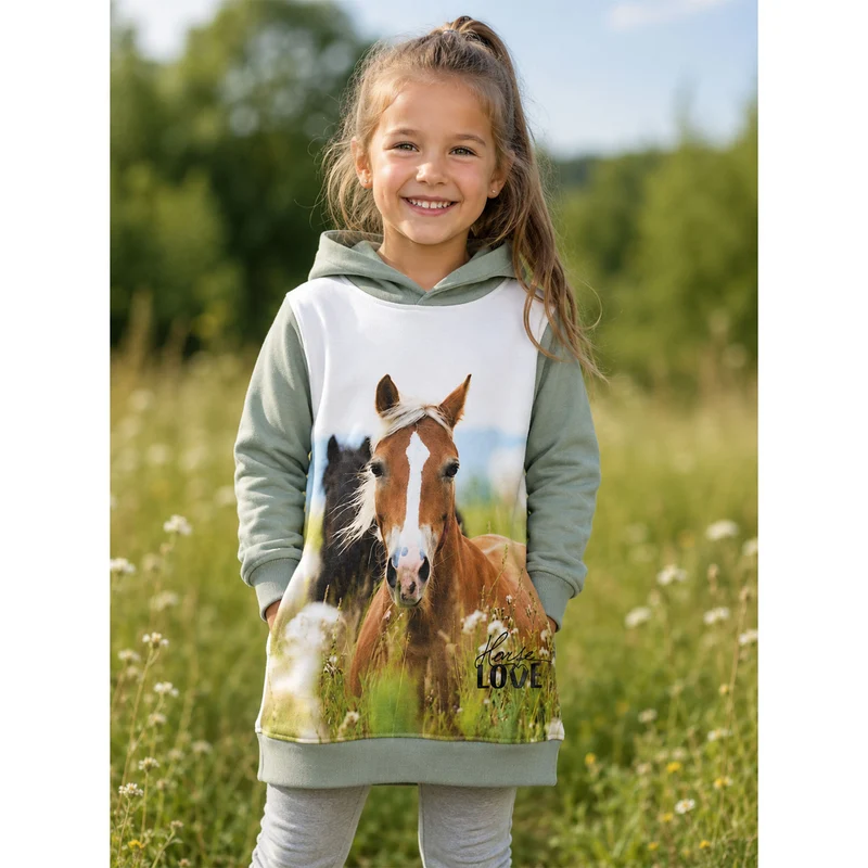 BONDI Mädchen Kapuzenkleid Hoodiekleid "Horse Love" 36215 | Oliv Grün