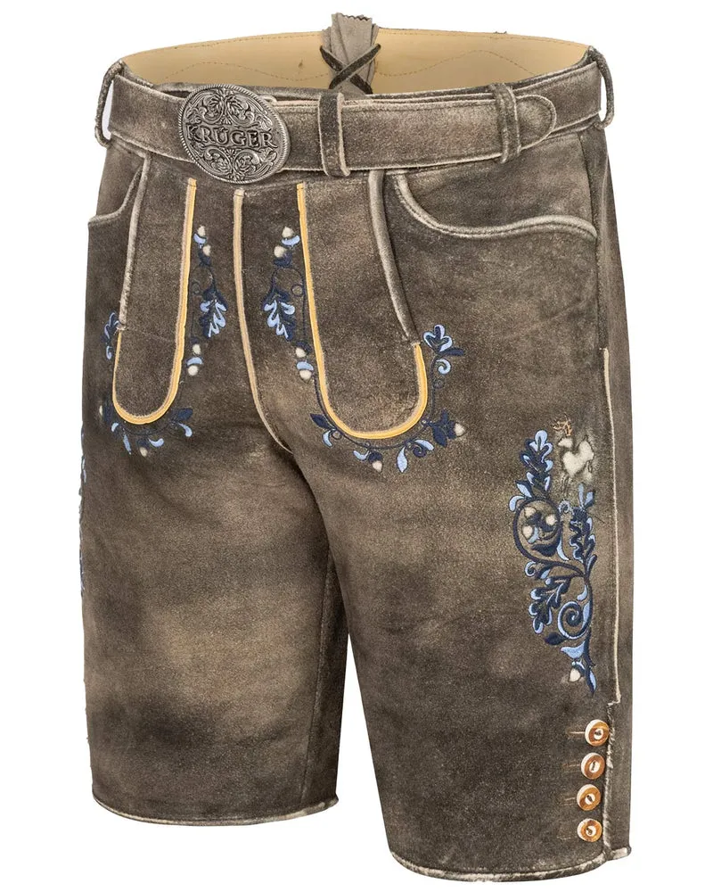 Krüger BUAM Kurze Lederhose "Pino" mit Gürtel 962567 | Braun Blau
