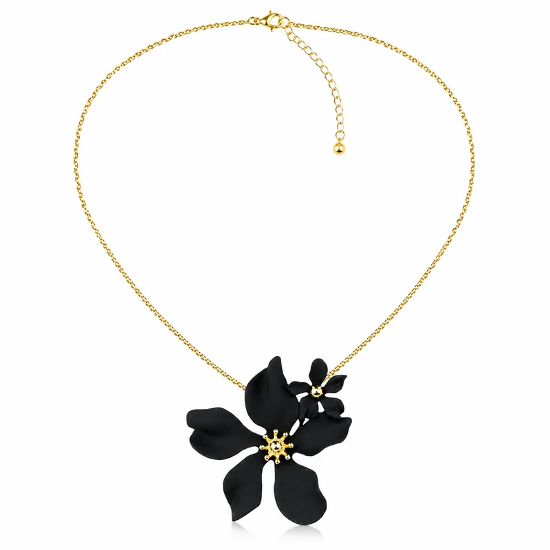 LUISIA® Halskette "Nelia" mit Blumen - 16 Karat vergoldet | Schwarz