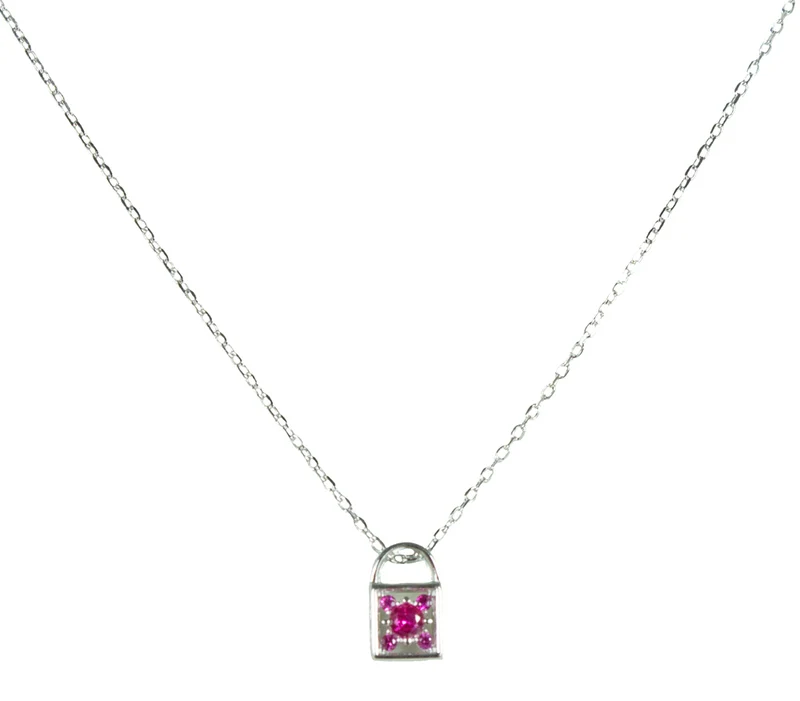 LUISIA Filigrane Damen Halskette mit Strass Vorhängeschloss Pink - 925 Silber Schmuck mit Zirkonia