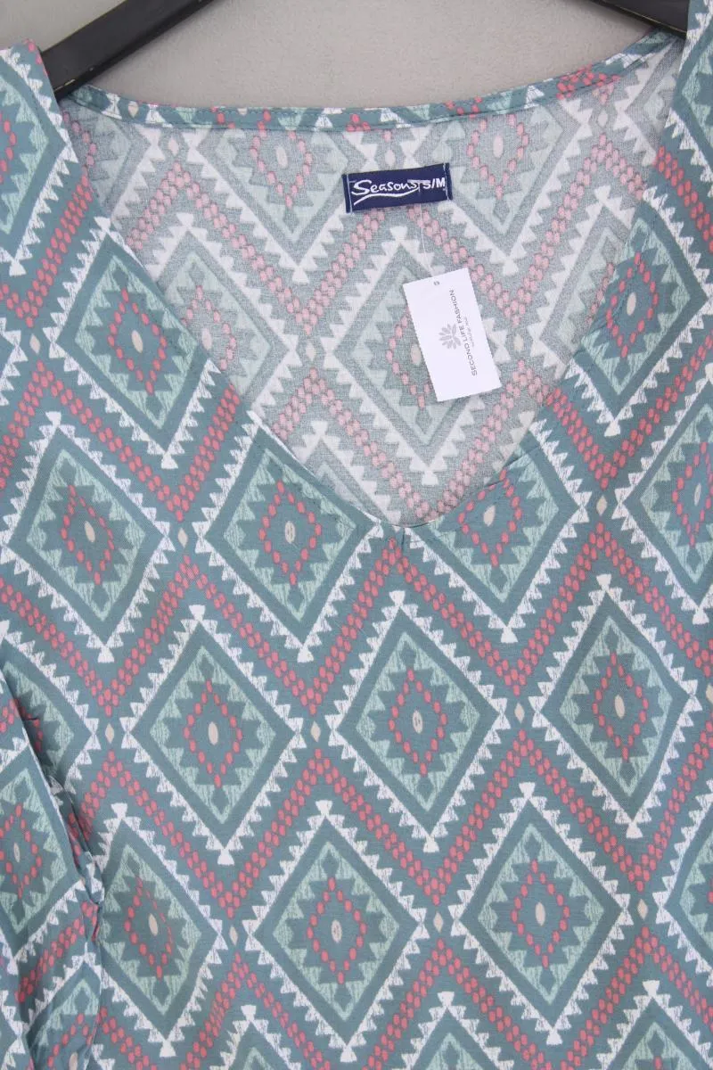 Seasons Kleid Gr. S/M geometrisches Muster Trompetenärmel blau aus Viskose