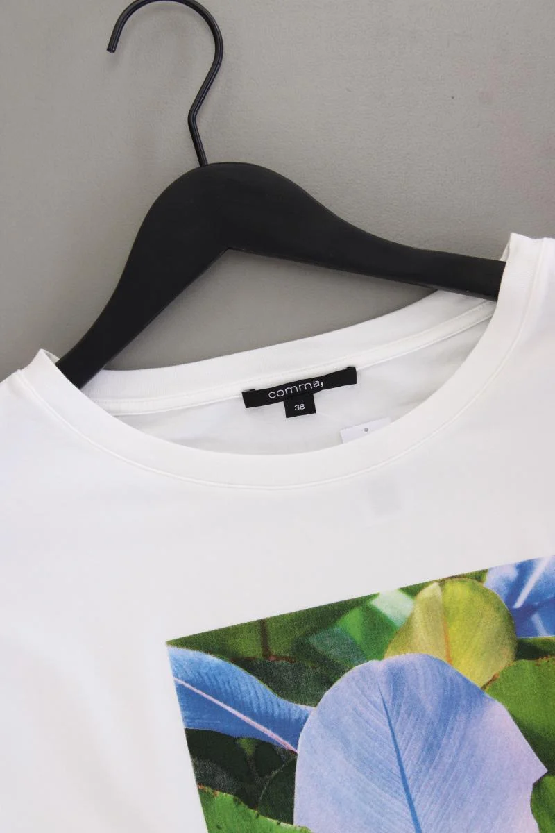 comma, Printshirt Gr. 38 neuwertig Kurzarm weiß aus Baumwolle