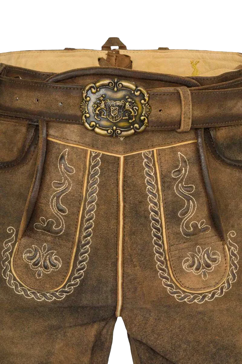 Trachtenlederhose Herren kurz mit Hirschkopf-Stickerei