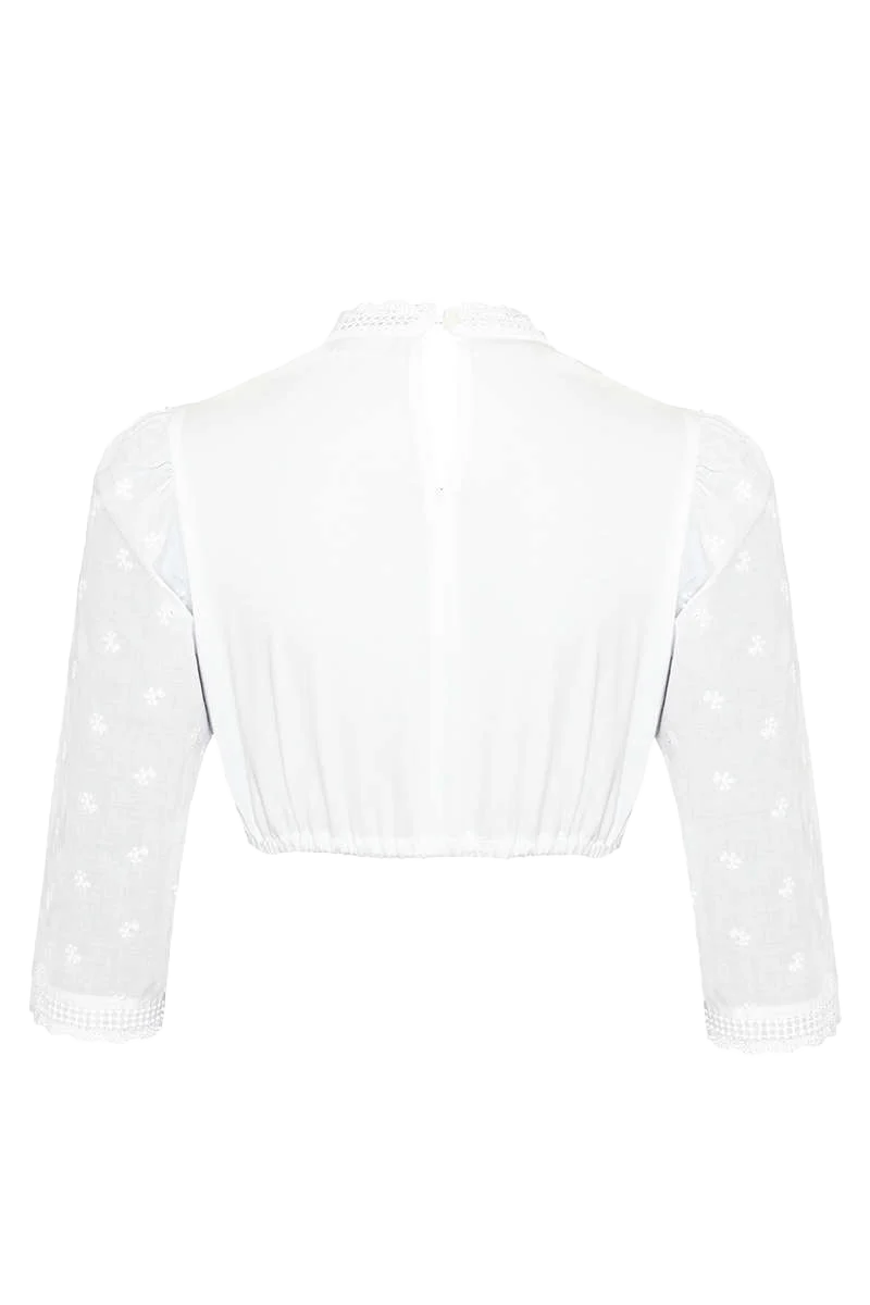 Dirndl-Bluse hochgeschlossen mit Brosche und Lochmuster weiss
