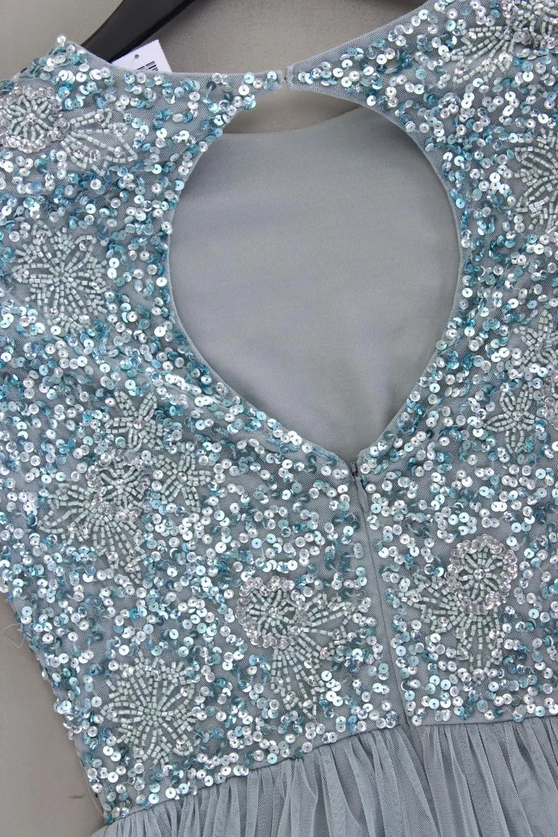 LACE&BEADS Abendkleid Ballkleid Gr. S Kurzarm mit Pailletten blau aus Polyester