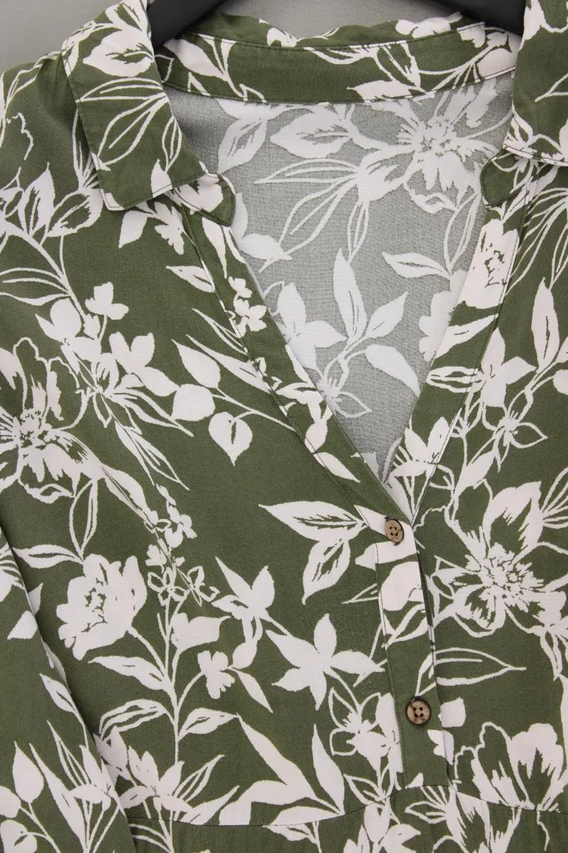 Midikleid Gr. 46 mit Blumenmuster 3/4 Ärmel olivgrün