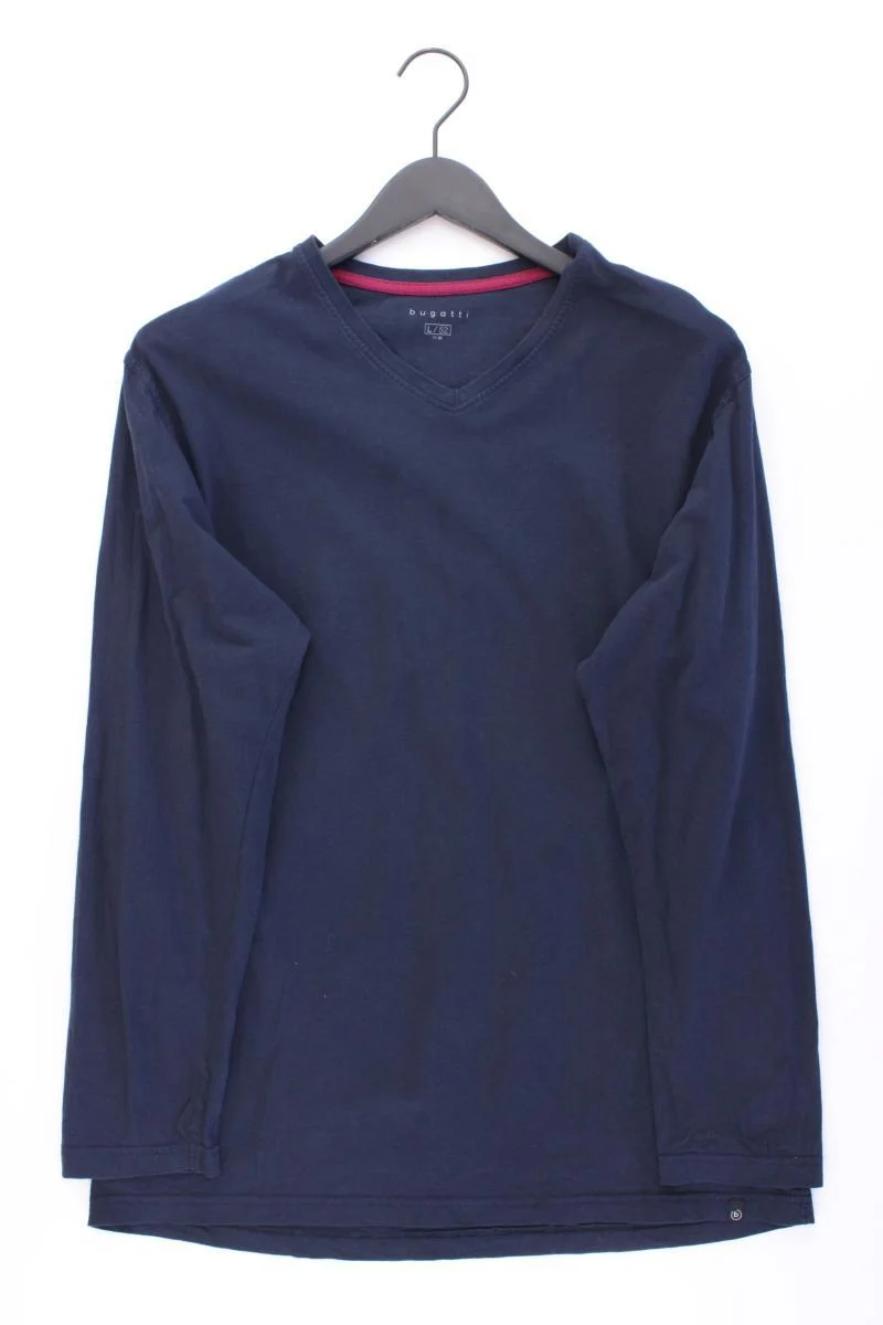 Bugatti Shirt mit V-Ausschnitt für Herren Gr. 52 Langarm blau aus Baumwolle