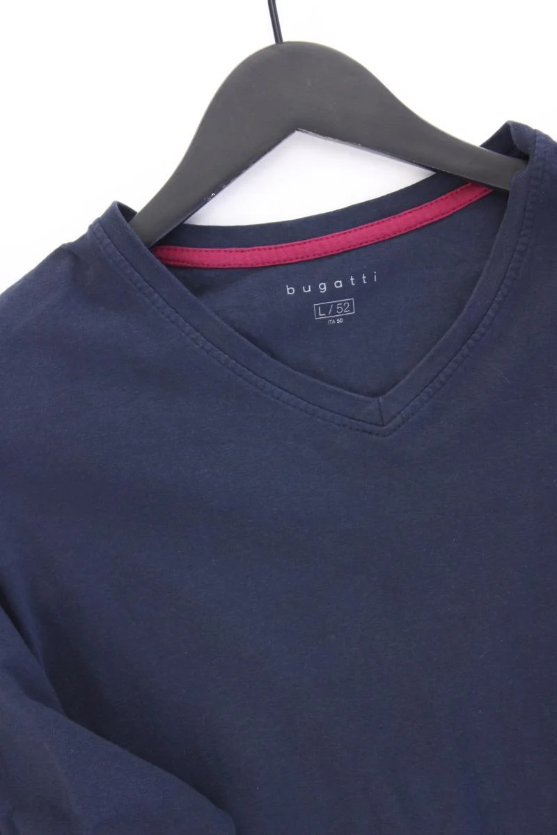 Bugatti Shirt mit V-Ausschnitt für Herren Gr. 52 Langarm blau aus Baumwolle