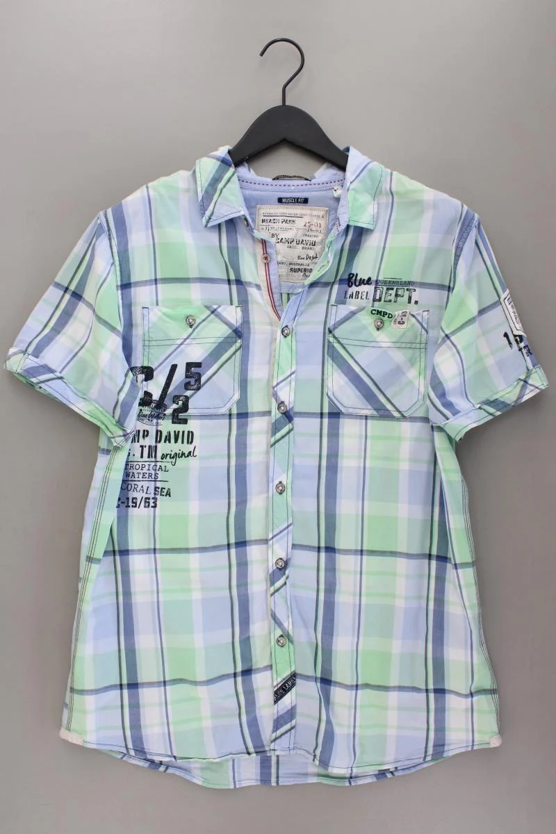 Camp David Karohemd für Herren Gr. XL kariert Kurzarm blau aus Baumwolle