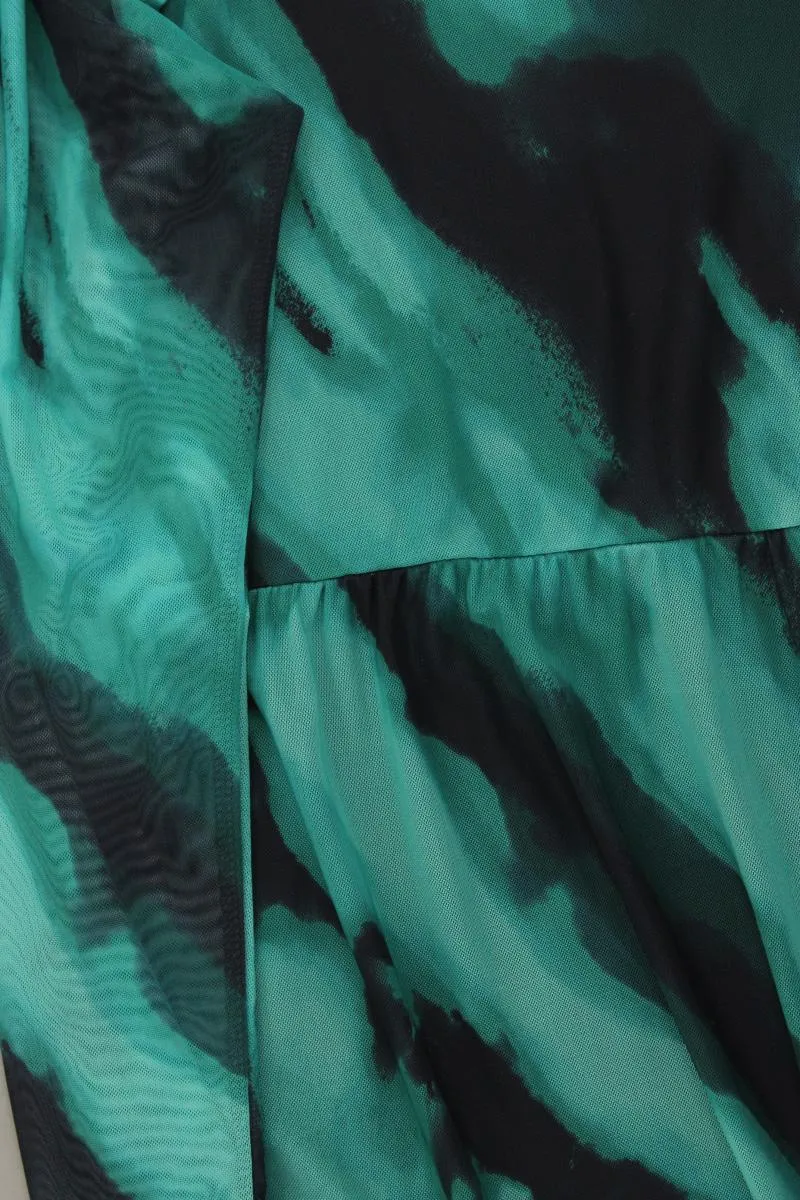 Vila Evoked Landarmkleid Gr. 48 mit Batikmuster neuwertig Langarm grün